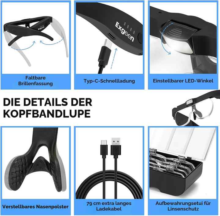 Lupenbrille mit Licht, 1,5-fache bis 5-fache Lupe mit 4 abnehmbaren Gläsern, freihändige, wiederaufl