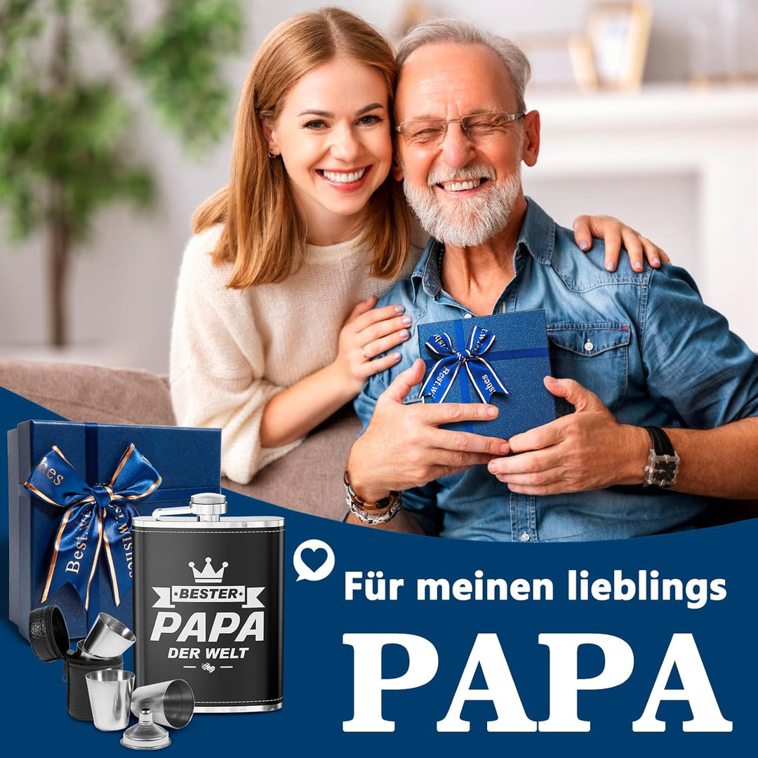 LILABIENE Flachmann Papa Geschenkset mit Gravur Bester Papa der Welt mit Becher Edelstahl Leder Schw