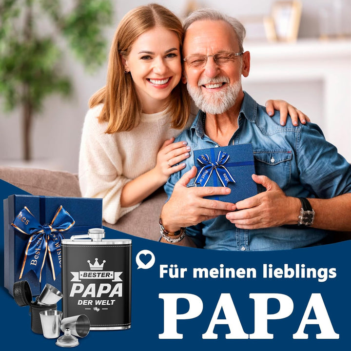 LILABIENE Flachmann Papa Geschenkset mit Gravur Bester Papa der Welt mit Becher Edelstahl Leder Schw