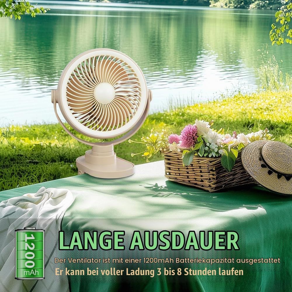 Camping Ventilator mit LED Nachtlicht , Wiederaufladbarer USB-C Klein Clip Ventilator mit Akku, 5 Ge