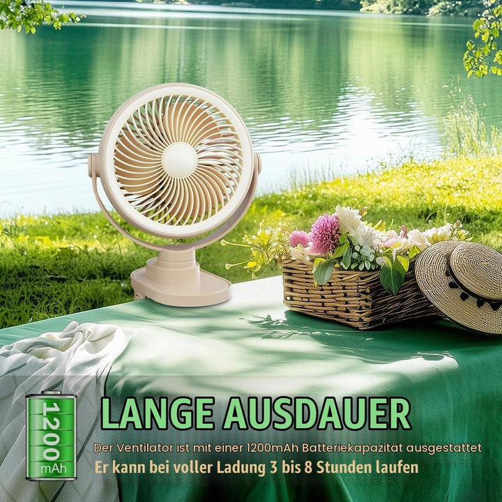 Camping Ventilator mit LED Nachtlicht , Wiederaufladbarer USB-C Klein Clip Ventilator mit Akku, 5 Ge