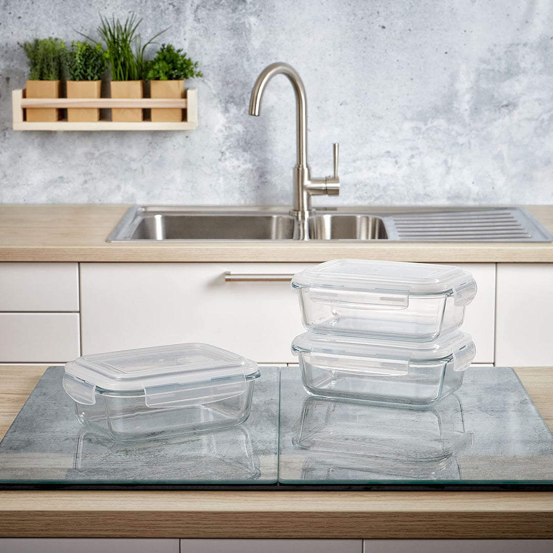 Grizzly Glas Frischhaltedosen, Set 3x 1040 ml, luftdicht, rechteckig, Click-Verschluss, vielseitige