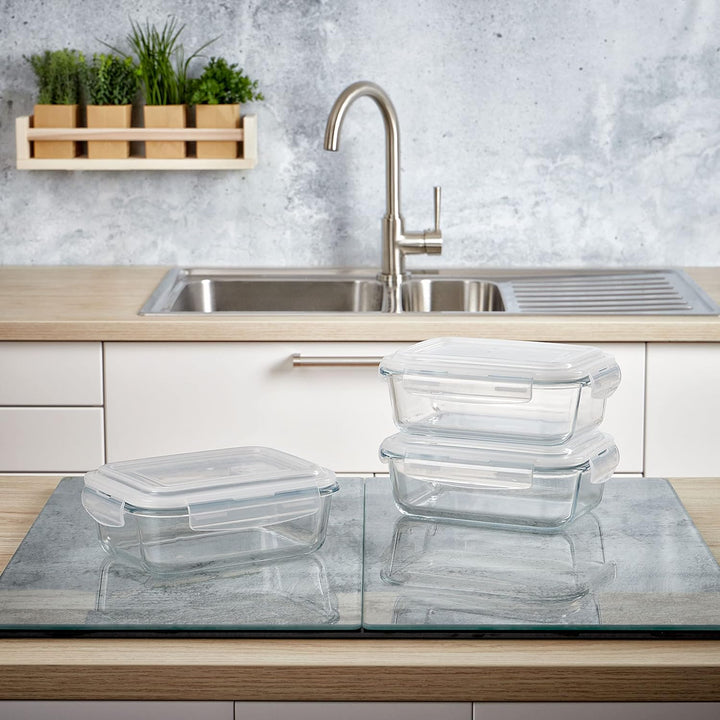 Grizzly Glas Frischhaltedosen, Set 3x 1040 ml, luftdicht, rechteckig, Click-Verschluss, vielseitige