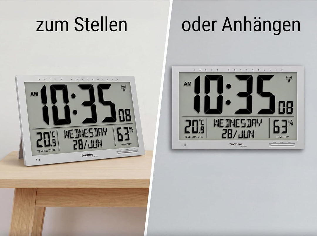 Technoline WS 8013 - digitale, moderne Designer XL Funkwanduhr, schlanker Rahmen, Temperaturanzeige,