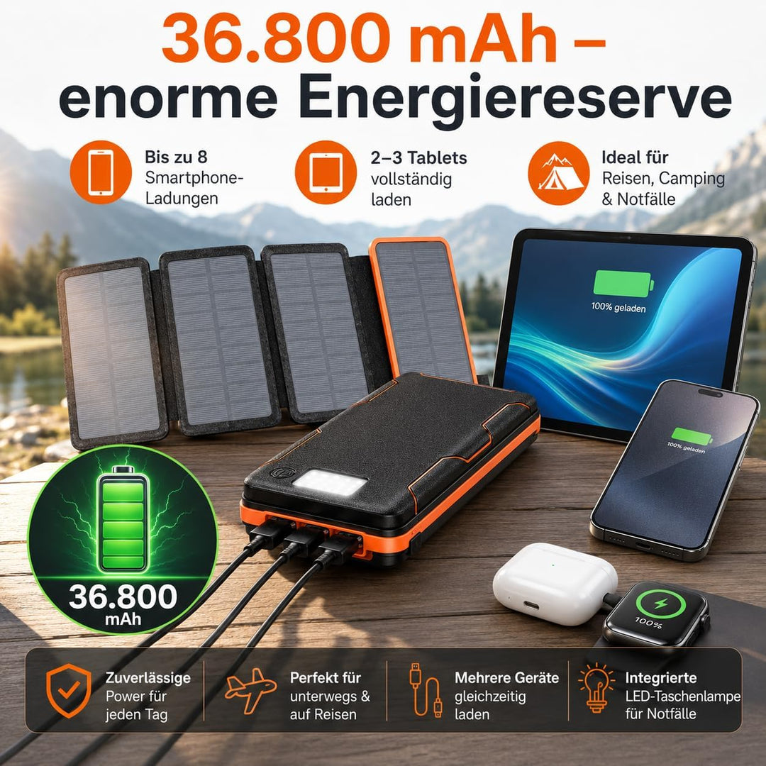 Solar Powerbank 36.800mAh, 4 Solarpanels, 15W Schnellladen, USB-C & QC 3.0, LED-Taschenlampe, Outdoo