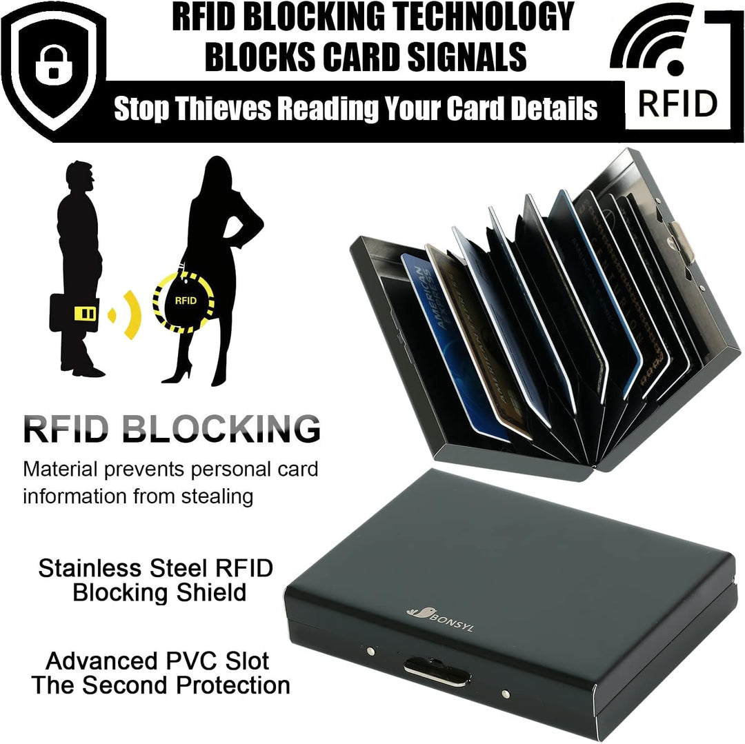 BONSYL® RFID Slim Kreditkartenetui aus Metall für Damen und Herren, Kreditkartenetui mit 10 Kartenfä
