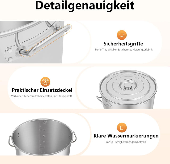 Edelstahl Suppentopf 70L, Kochtopf induktion Gross mit Griffen, Ø 45cm, Hohe: 45cm, Sinkendeckel, Po