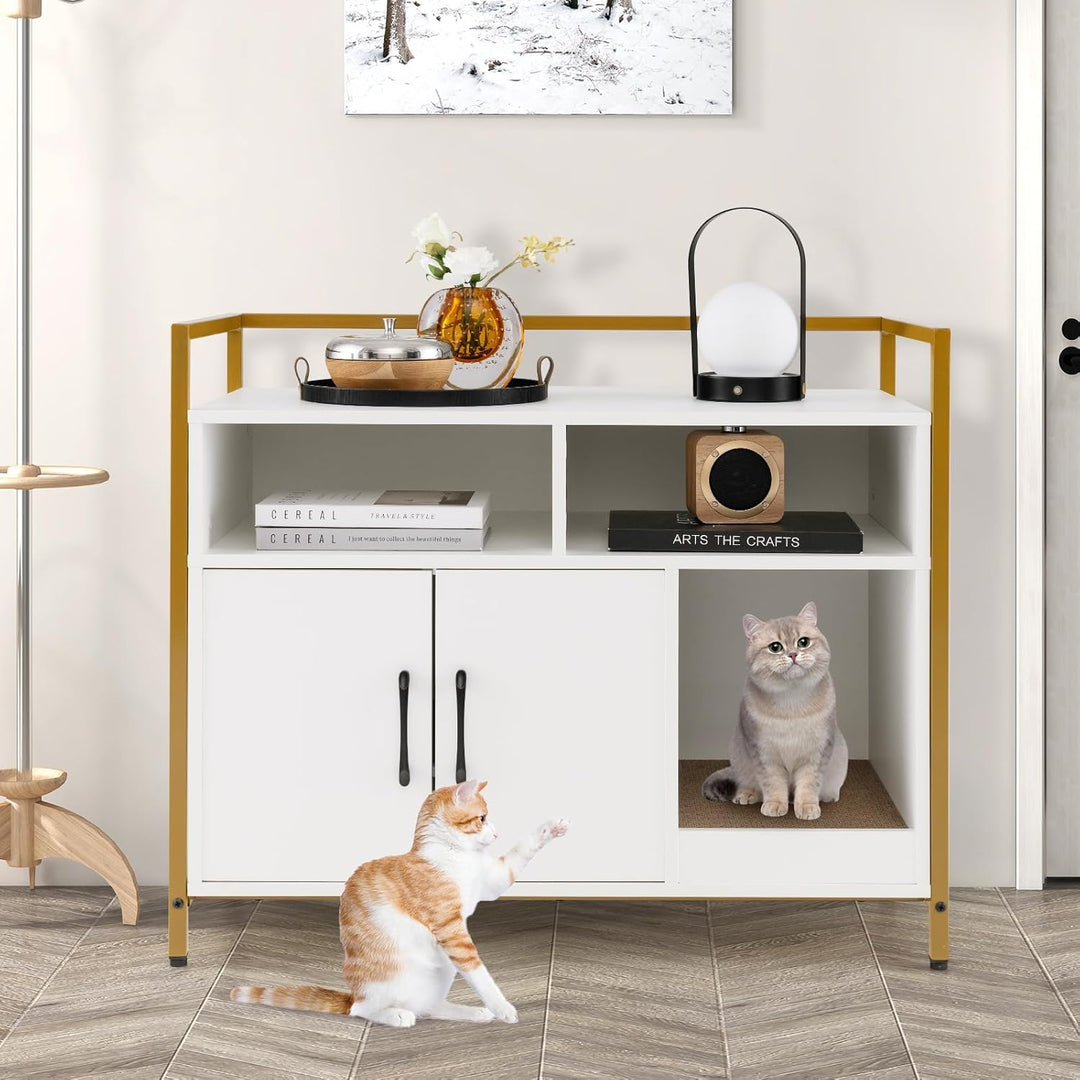 COSTWAY Katzenschrank Katzentoilette mit Doppeltüren &amp; Kratzunterlage, Katzenhaus mit offenem Regal