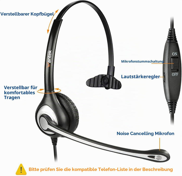 2,5mm Schnurlos Telefon Headset Mono mit Noise Cancelling Mikrofon, Quick Disconnect, WANTEK Festnet