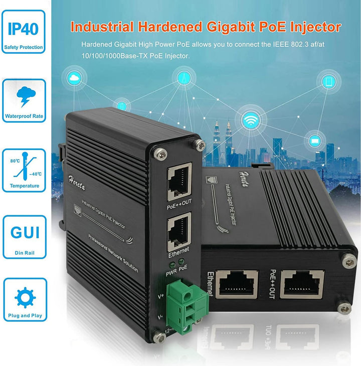 95 W gehärteter Industrie-Gigabit PoE++ Injektor mit DIN-Schiene und Wandhalterung, 95 W LTPoE++ Str