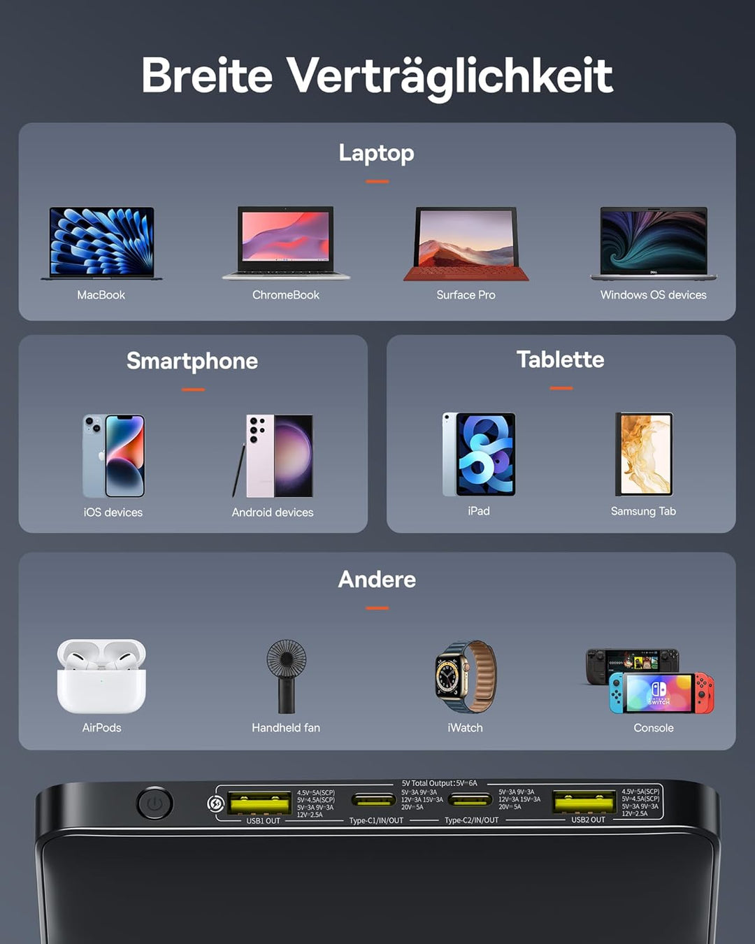 Baseus Powerbank 20000mAh 100W PD Schlanker externer Akku QC 4.0 Schnellladegerät, Blade H1 für Lapt