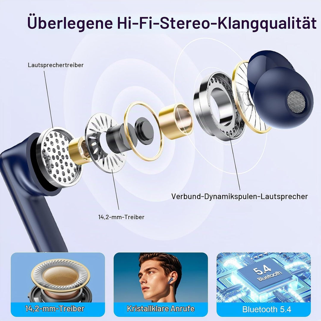 Touchscreen In Ear Bluetooth Kopfhörer ANC+ENC Noise Cancelling Mic Blau | Kopfhörer Kabellos Blueto