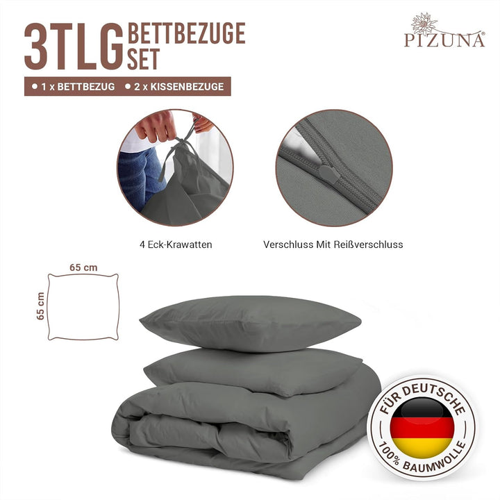 Pizuna Bettwäsche 200x210 + 65x65 Baumwolle Anthrazitgrau 400 Fadenzahl DE - 200x210 + 2 x 65x65 Ant