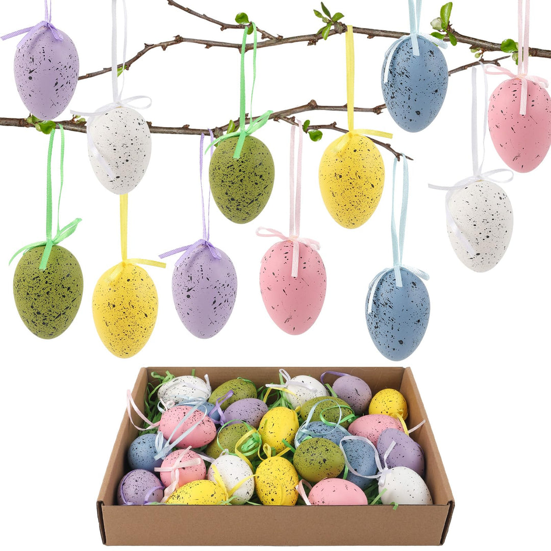 Ostern Deko 24Stück Ostereier zum Aufhängen - Brechfeste Aufhängung Ostereier Deco mit Grünem Raffie