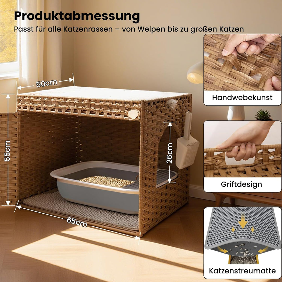 Katzenklo: Versteckte Katzentoilette aus Rattan in Möbeloptik mit auslaufsicherer Katzenklo-Matte fü