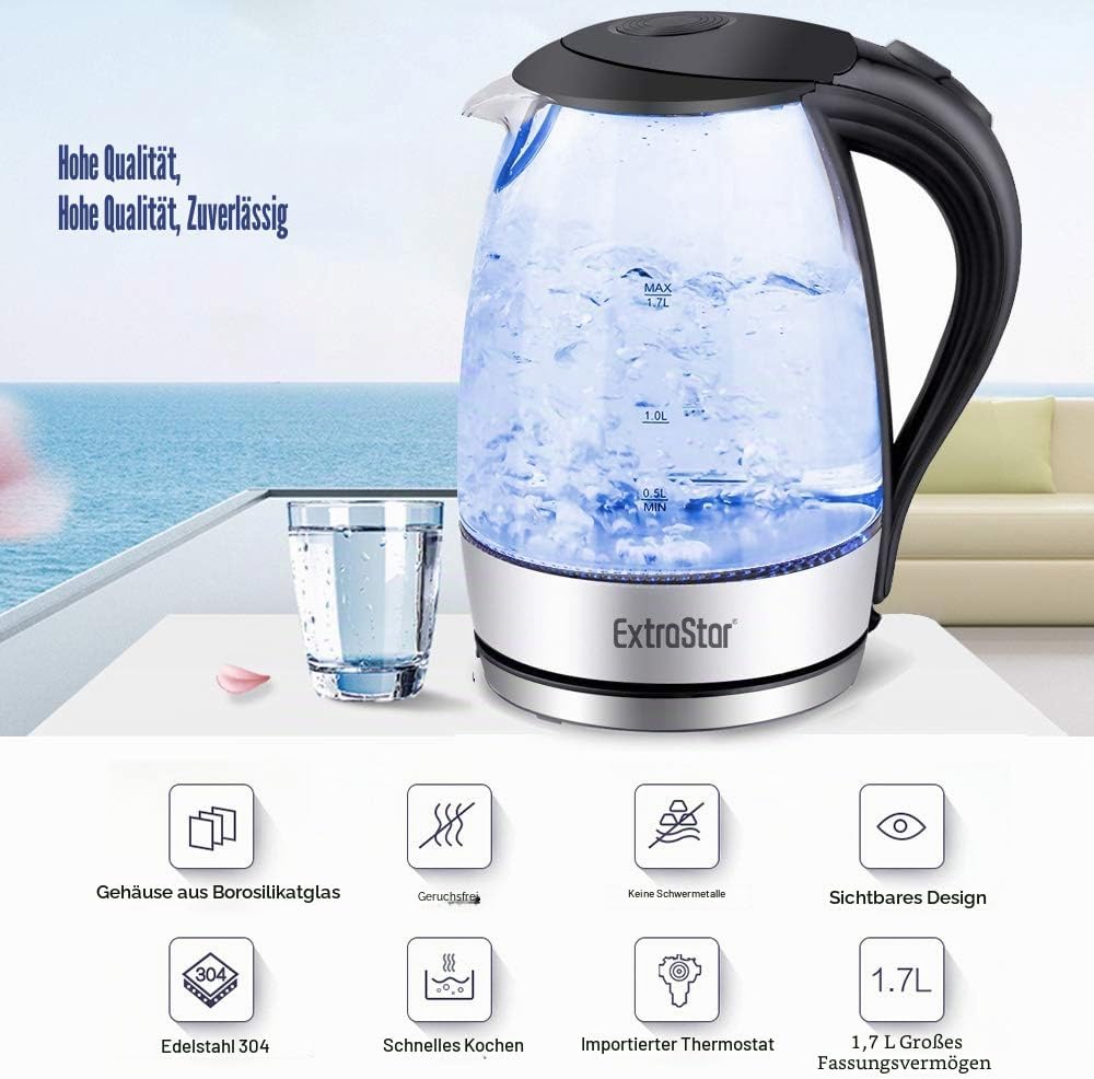 EXTRASTAR Elektrischer Wasserkocher aus Wasserglas mit blauem LED-Licht, bpa, automatischer Abschalt
