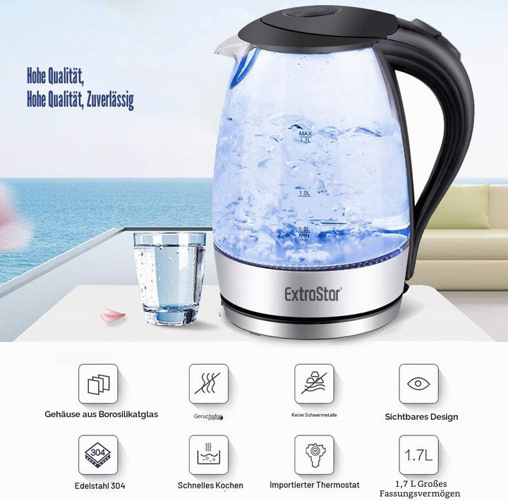 EXTRASTAR Elektrischer Wasserkocher aus Wasserglas mit blauem LED-Licht, bpa, automatischer Abschalt