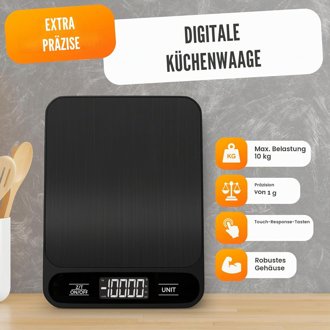 Strex Küchenwaage Digital - Waage Küche - 1 g bis 10 kg - Tarra Funktion - Inklusive Batterien - Sch