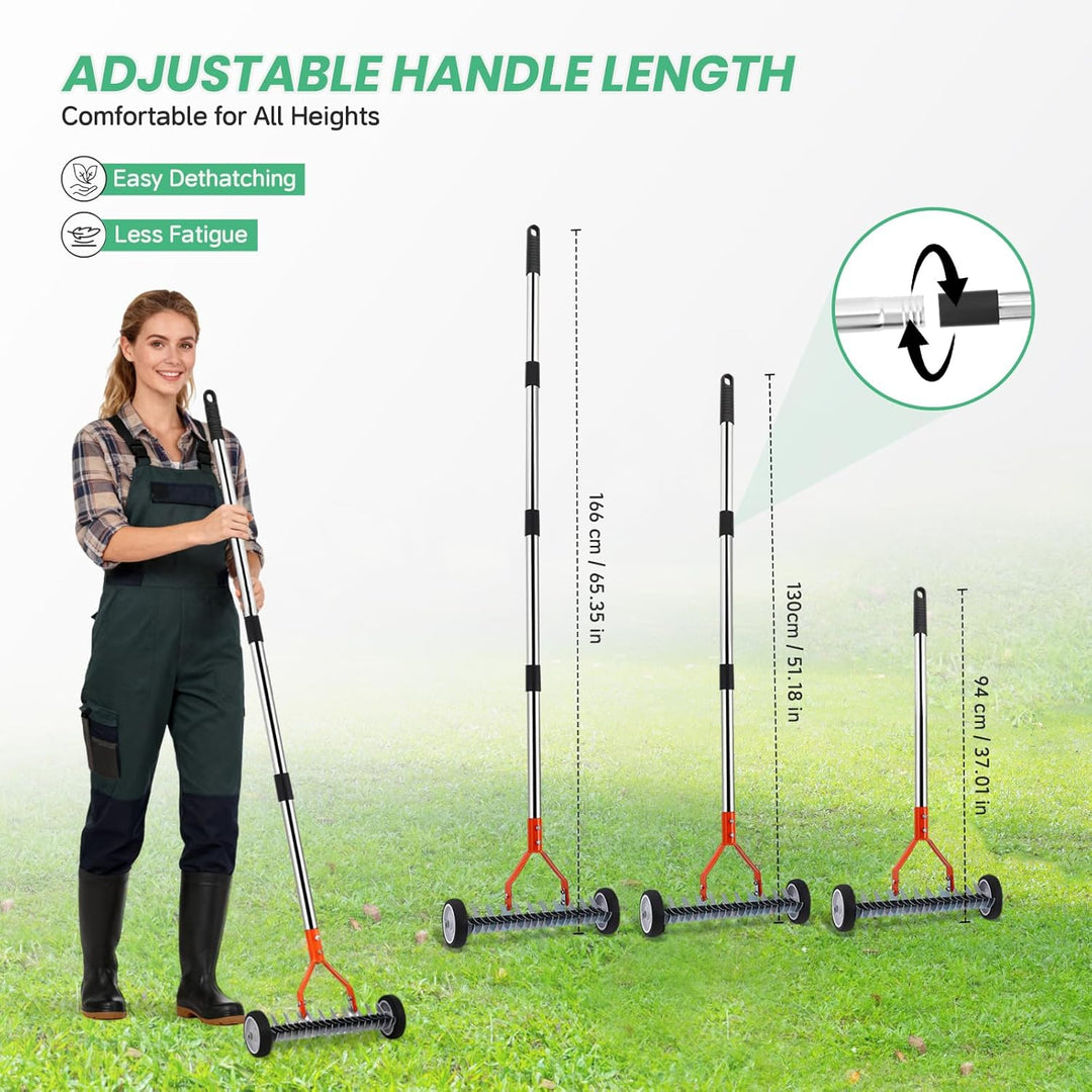 Handvertikutierer mit Rollen, Vertikutierer Rechen mit Stiel 166cm, Rasenlüfter mit Rädern, Metall S