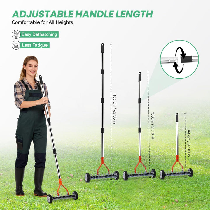 Handvertikutierer mit Rollen, Vertikutierer Rechen mit Stiel 166cm, Rasenlüfter mit Rädern, Metall S