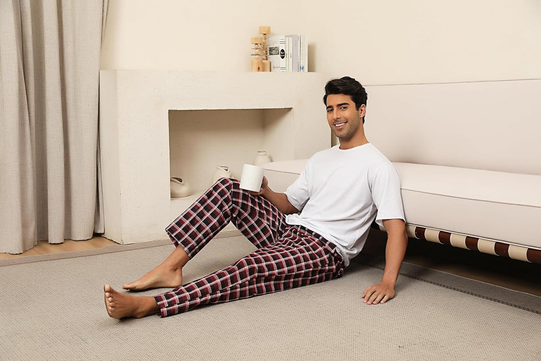 Litherday Schlafanzughose Herren Lang Kariert Pyjamahose 100% Baumwolle Nachtwäsche hose mit Taschen