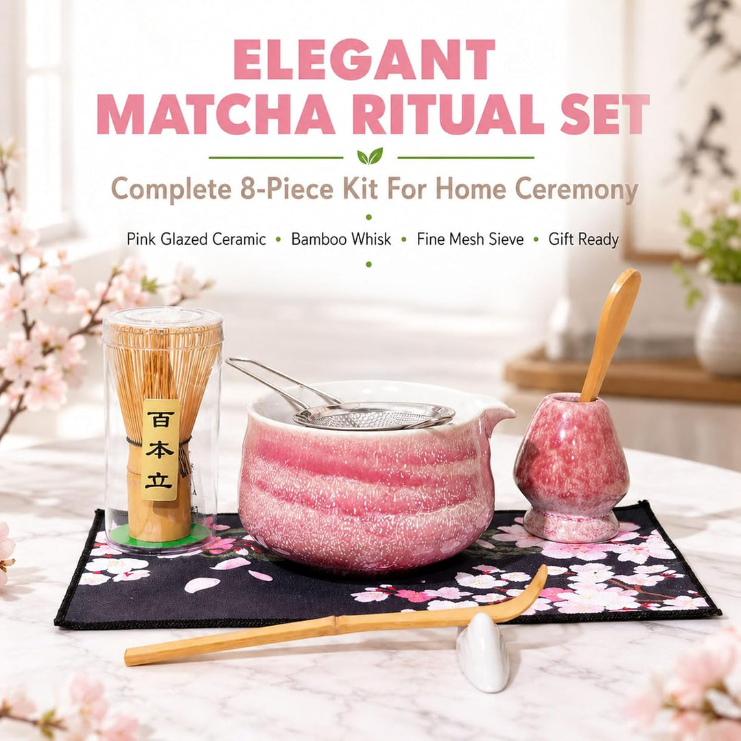 Matcha Set 8 Teilig, Matcha Tee Set Mit Schale, Bambusbesen, Halter, Sieb Und Lührer, Keramik Teeset