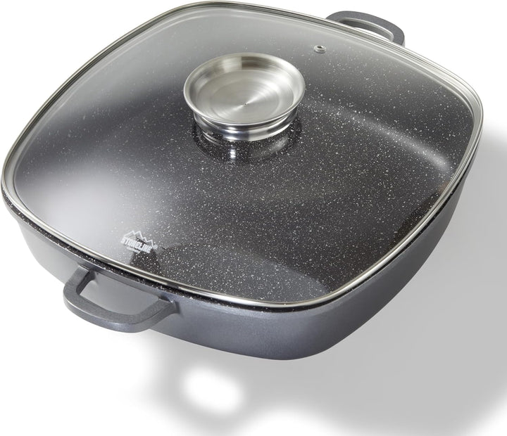 STONELINE Servierpfanne Eckig 32 cm, Eckige Pfanne Induktion mit Deckel, Aroma Funktion, Aluguss, An