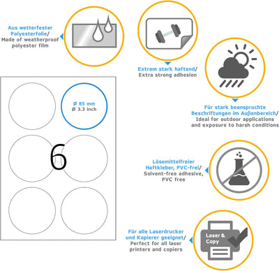 HERMA 8336 Wetterfeste Folienetiketten rund, 25 Blatt, Ø 85 mm, 6 Stück pro A4 Bogen, 150 Aufkleber,