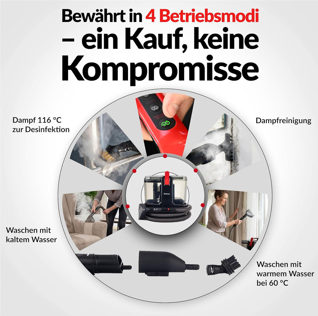 LEHMANN SteamWash 1800 Waschsauger & Dampfreiniger 4in1, Polsterreiniger und Teppichreiniger mit War