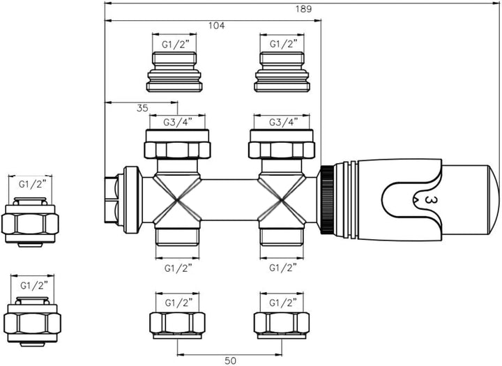 WITEN&NOCK Multiblock Set für Heizkörper Mittelanschluss Armatur Nabenabstand 50 mm Thermotstat Hahn