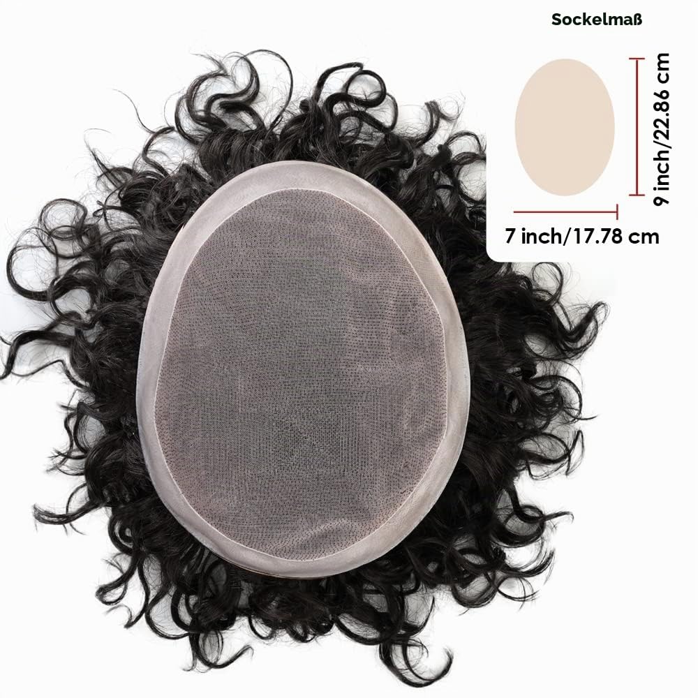 Lordhair Lockige Toupet für Männer, Echthaar-Toupet, Haarersatzsystem(18 * 23CM, Off Schwarz 1B