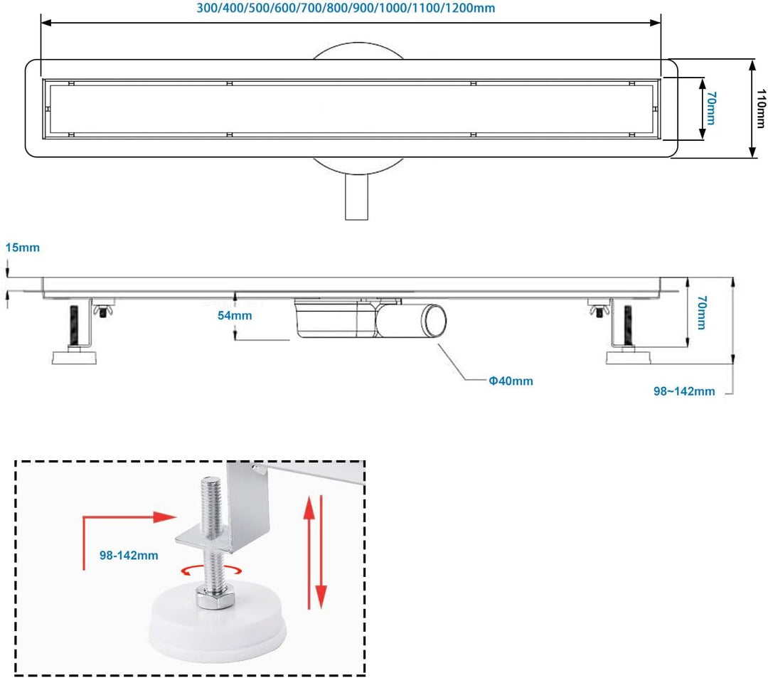 sunrik Duschrinne 70 cm, Befliesbar Duschrinne extra flach, Edelstahl Bodenablauf Komplettset mit 36