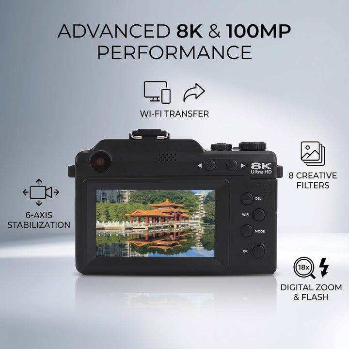 8K WiFi Digitalkamera, 100 MP Dual-Objektiv-Kamera mit 18X Zoom 3 Zoll Bildschirm, 6 Achsen elektron