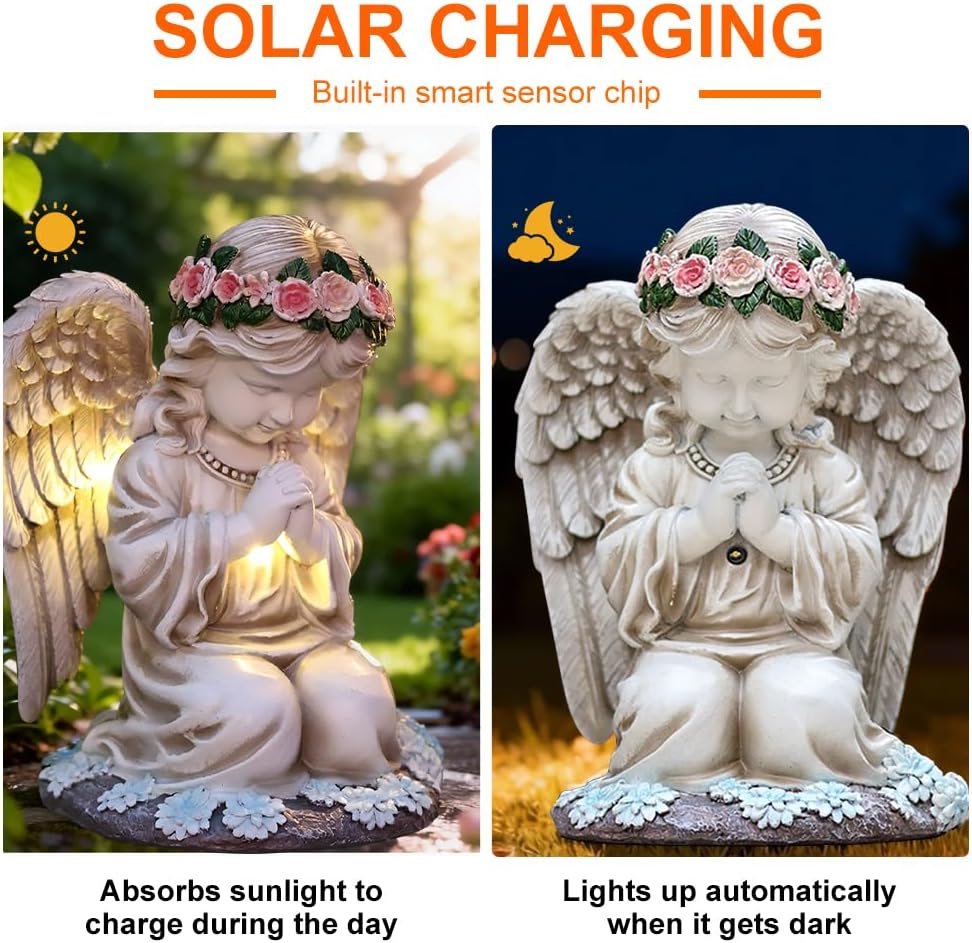 Grabschmuck Wetterfest, Solar Engel Gartenstatuen, Wetterfest Grabschmuck, Grabengel mit Led Solarle