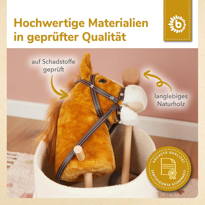 Bieco Steckenpferd Kinder Brownie | ca. 100 cm | Top Qualität | Holzpferd Draussen & Drinnen | Plüsc
