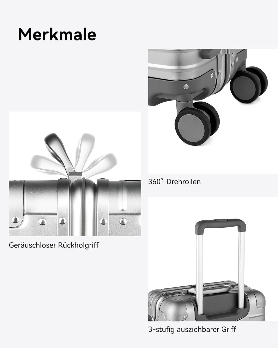 LUGGEX Aluminium Koffer Handgepäck, 100% Alu Koffer Trolleys ohne Reissverschluss, Hartschalekoffer