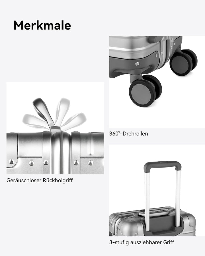 LUGGEX Aluminium Koffer Handgepäck, 100% Alu Koffer Trolleys ohne Reissverschluss, Hartschalekoffer