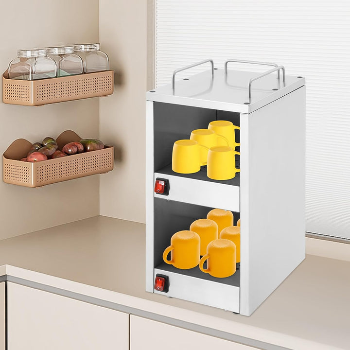 Elektrischer Tassenwärmeschrank aus Edelstahl, 140W Tassenwärmer Doppelfach Heizschrank mit 2 separa