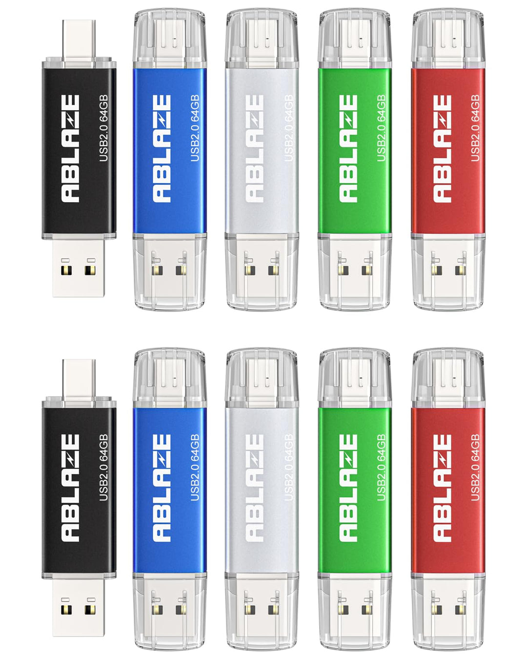 10 Stück USB C Stick 64GB OTG 2.0, ABLAZE Dual Speicherstick 2-IN-1 | für Type-C Handy/Smartphone/La