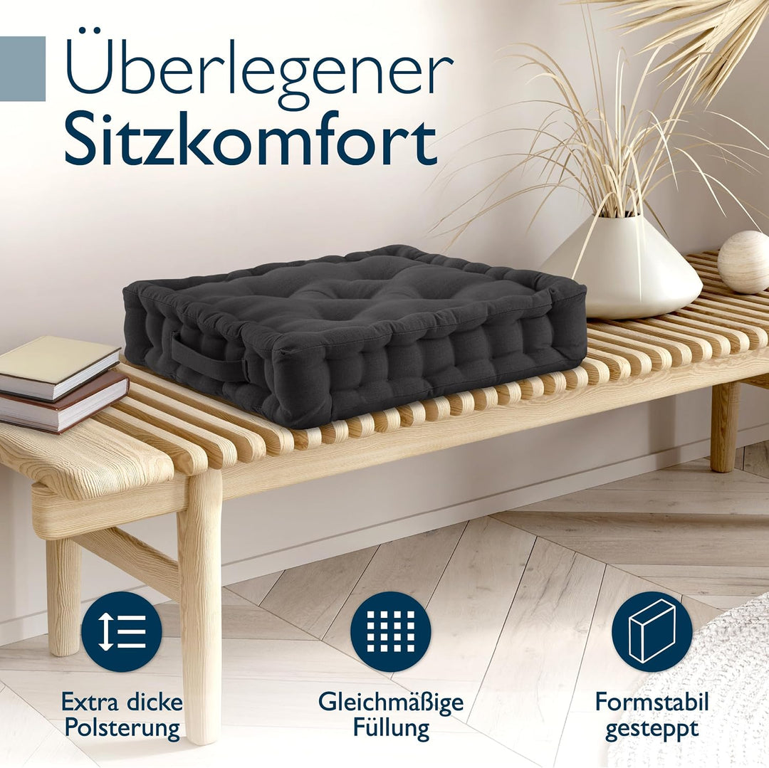 Beautissu 2er Set Bodenkissen Sitzkissen 50x50 cm - Dickes Matratzenkissen 10cm - 100% Baumwolle Stu