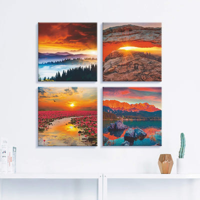 ARTLAND Leinwandbilder auf Holz Wandbild Bild Set 4 teilig je 30x30 cm Quadratisch Landschaft Sonnen