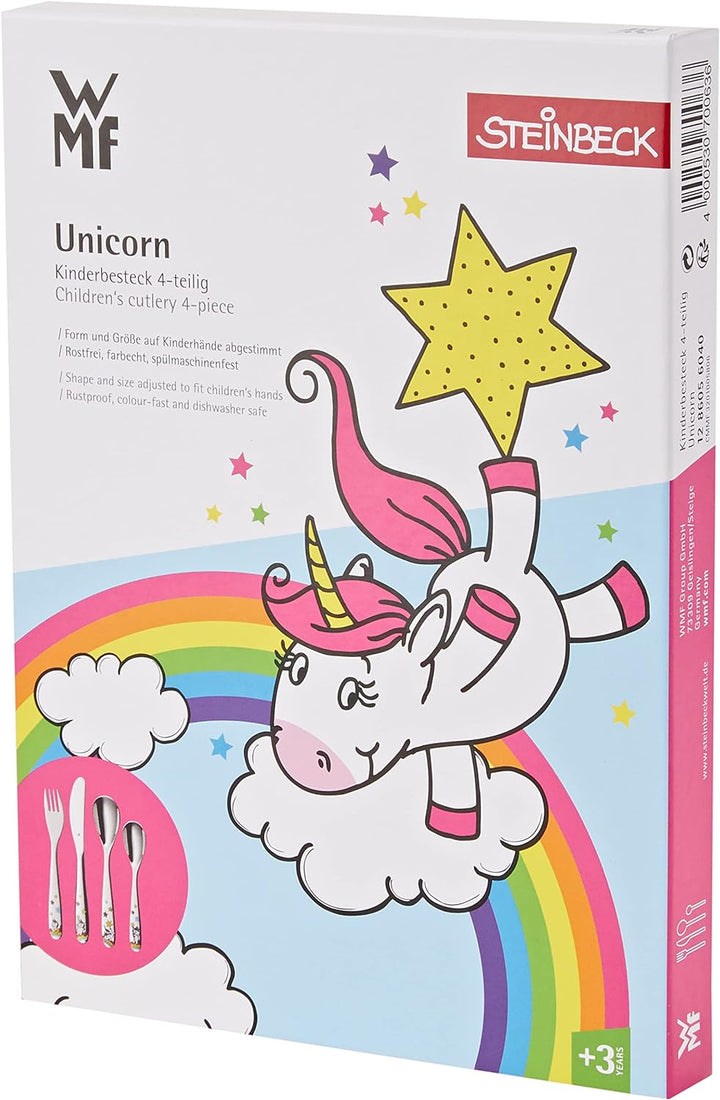 WMF Einhorn Kinderbesteck Set 4-teilig, Kinderbesteck Edelstahl, Kinderbesteck ab 3 Jahre, Cromargan