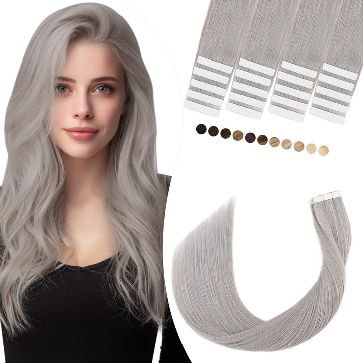 Elailite Extensions Echthaar Tape Grau, 20 Stück 30g Unsichtbar Kleber Haarverlängerungen Glattes 50