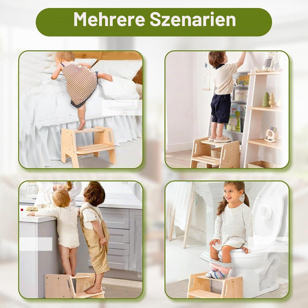 Tritthocker Kinder 2 Stufen,Fussbank Holz mit Griffen und Rutschfesten Fusspads,Stabiler Tritthocker