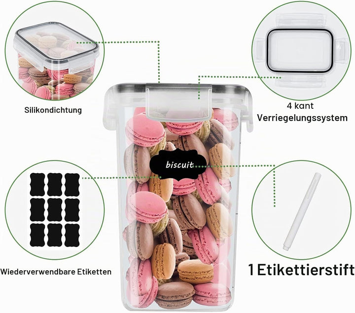 2L Grosse Vorratsdosen Satz mit 9 Müslidosen Aufbewahrungsbox Küche Luftdicht Behälter aus Plastik M