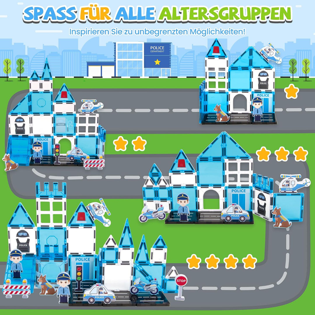 cossy Magnetische Bausteine, 42 Teile Magnetbausteine für Kinder Polizei-Thema, Magnetspiel für Kind