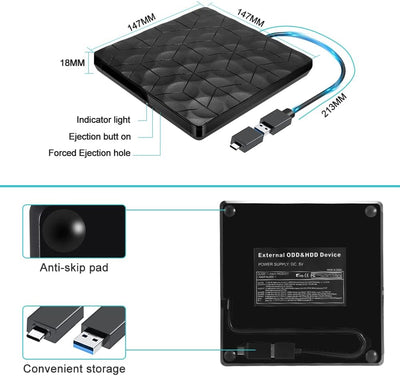 Comter Externes CD DVD Laufwerk, USB 3.0 USB-C Portable DVD/CD Leser und CD DVD-/+RW Brenner/Plug&Pl