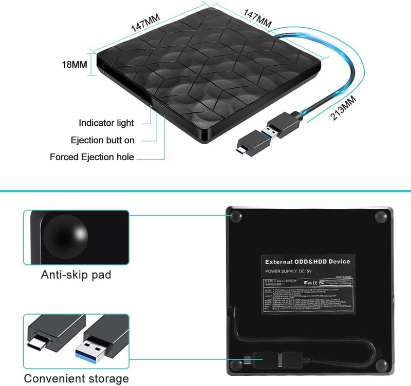 Comter Externes CD DVD Laufwerk, USB 3.0 USB-C Portable DVD/CD Leser und CD DVD-/+RW Brenner/Plug&Pl