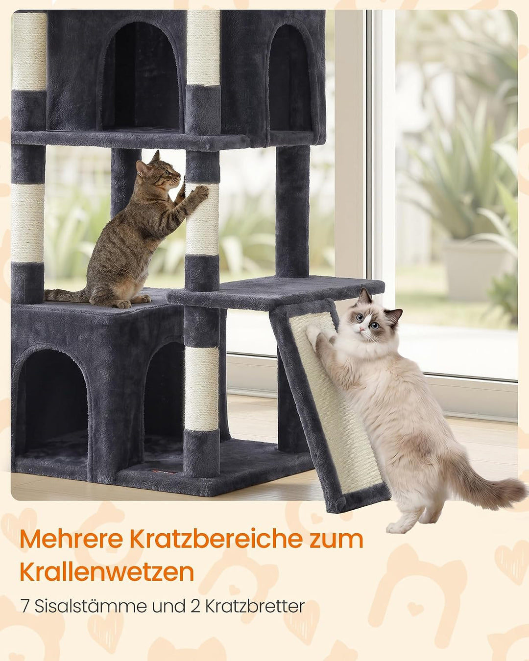 Feandrea Kratzbaum gross, 184,5 cm hoch, Katzenbaum, Katzenkratzbaum, mit 7 Kratzsäulen, 2 Kratzbret