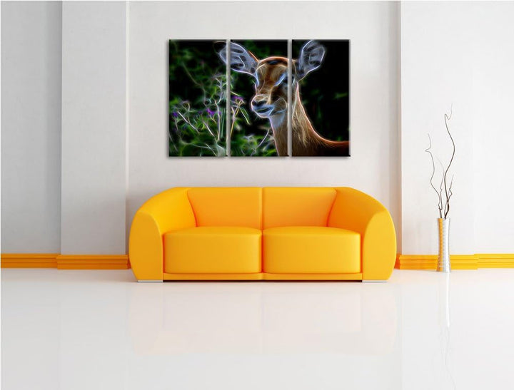 Dark niedliches Reh vor hoher Wiese NewArt 3-Teiler Leinwandbild 120x80 Bild auf Leinwand, XXL riesi